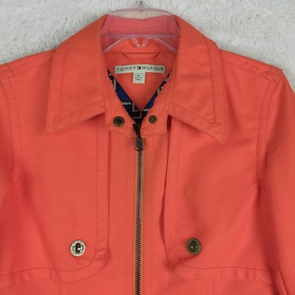 Tommy Hilfiger Womens Coat Rain Orange Full Zip Lined Pockets Collared 4 - Picture 9 of 13